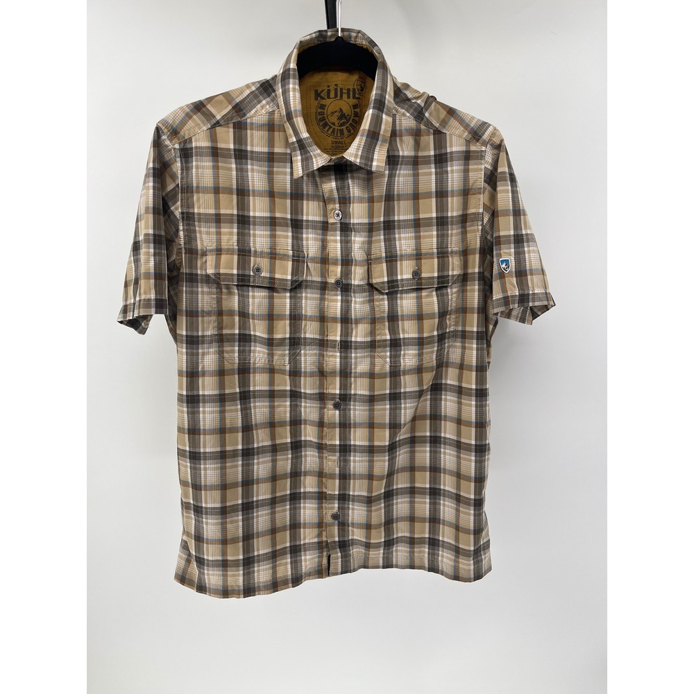 Kuhl Eluxur Mens Small‎ Brown Plaid Short Sleeve Button Down Hiking Shirt IONIK